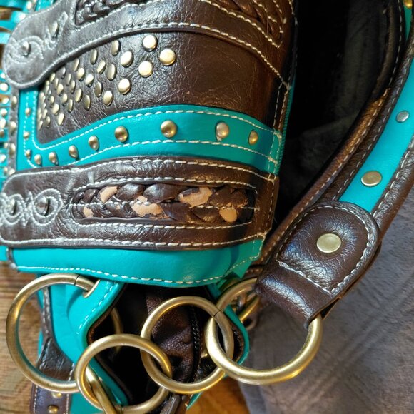 Teal and Brown Two Strap Shoulder Bag - Picture 7 of 10